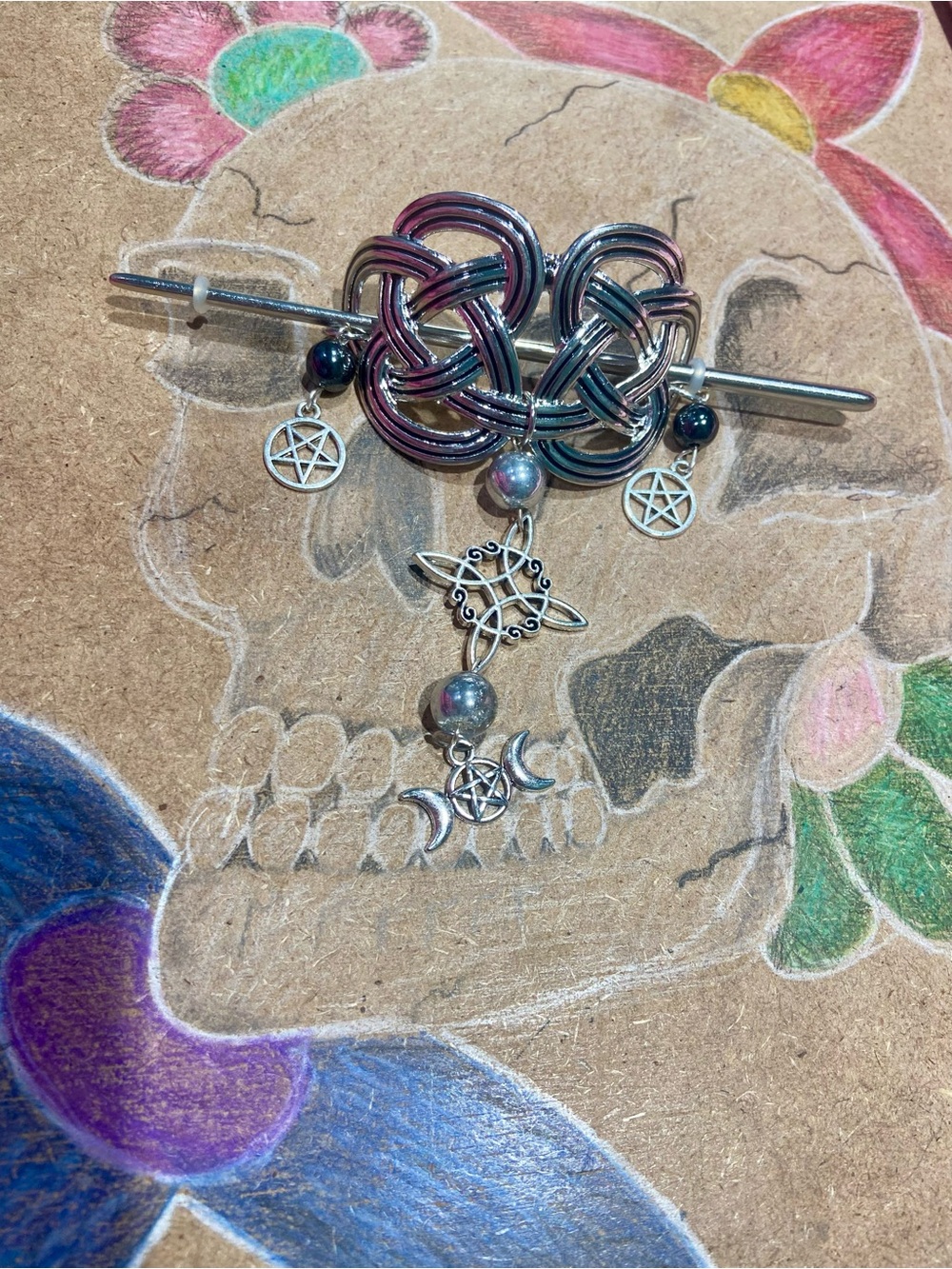 Iridescent Knot Hair Slide with Pentagram & Crescent Charms